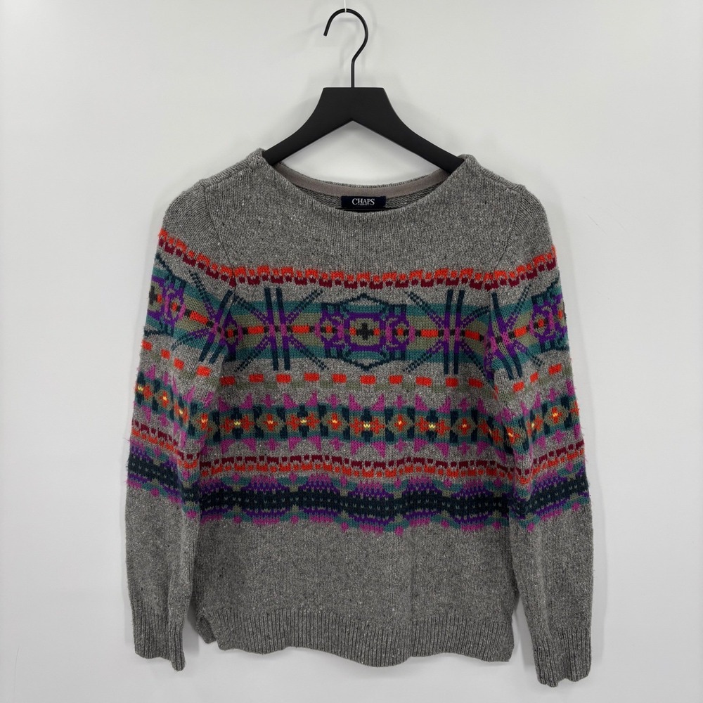 Chaps Fair Isle Sweater Womens Medium Grey Multicolor Geometric Knit Pullover